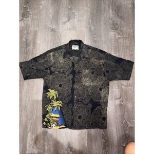 VTG Big Dogs Hawaiian Button Up Palm Trees Beach Shirt Mens L Black Loop Collar